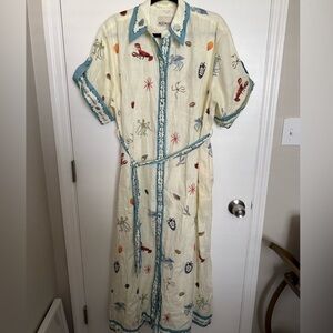 Cream and Blue Embroidered Mini Dress